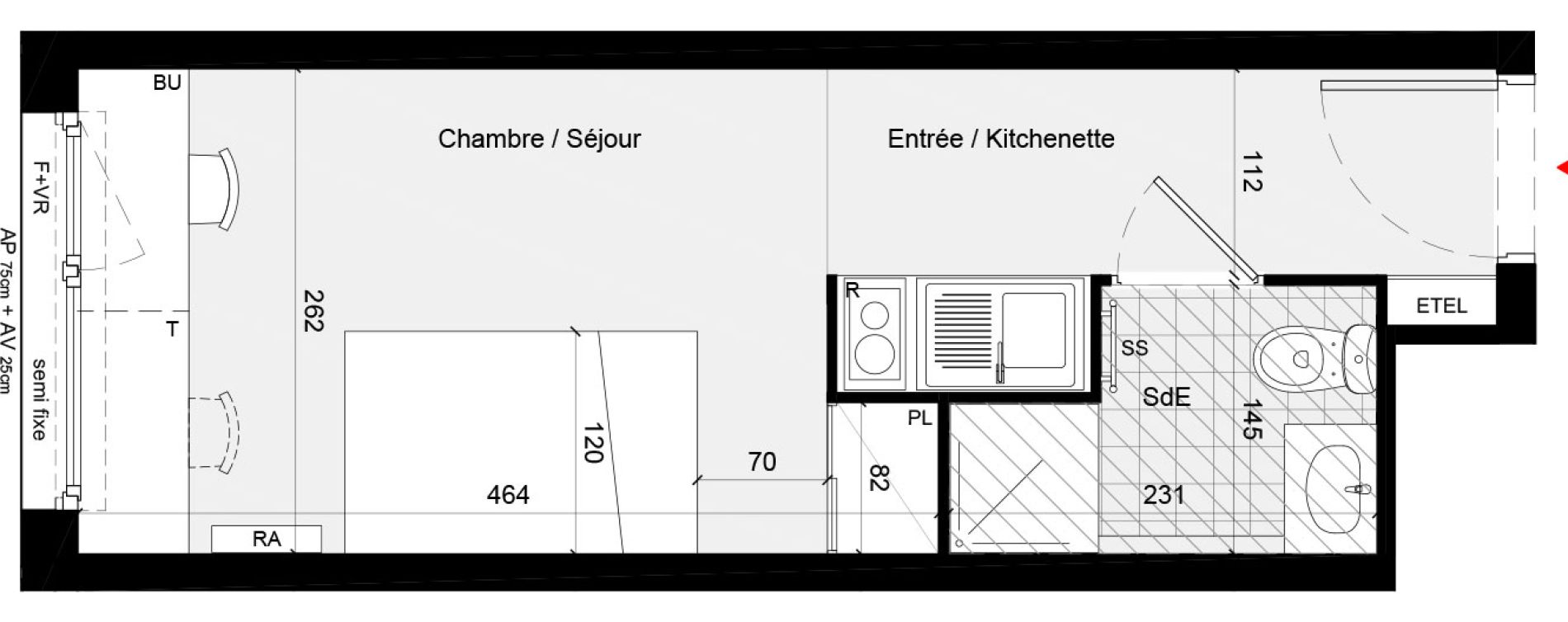 Appartement T1 meubl&eacute; de 18,80 m2 &agrave; Cr&eacute;teil L &eacute;chat