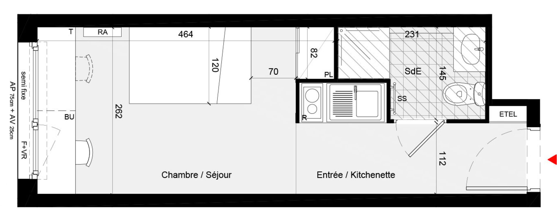 Appartement T1 meubl&eacute; de 18,80 m2 &agrave; Cr&eacute;teil L &eacute;chat