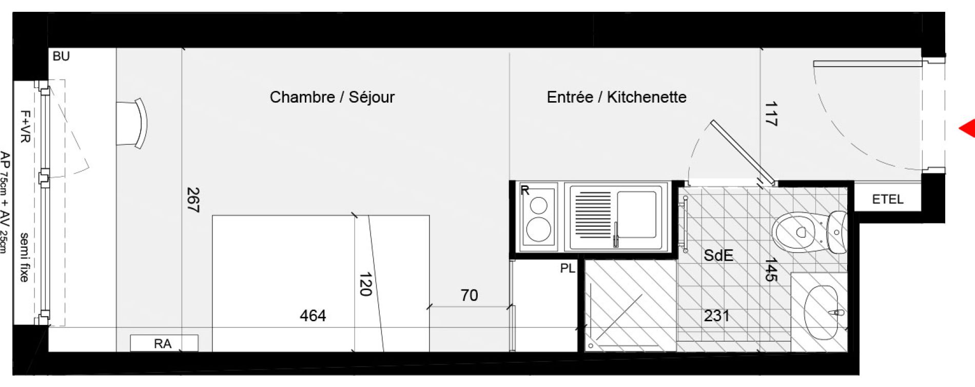 Appartement T1 meubl&eacute; de 19,18 m2 &agrave; Cr&eacute;teil L &eacute;chat