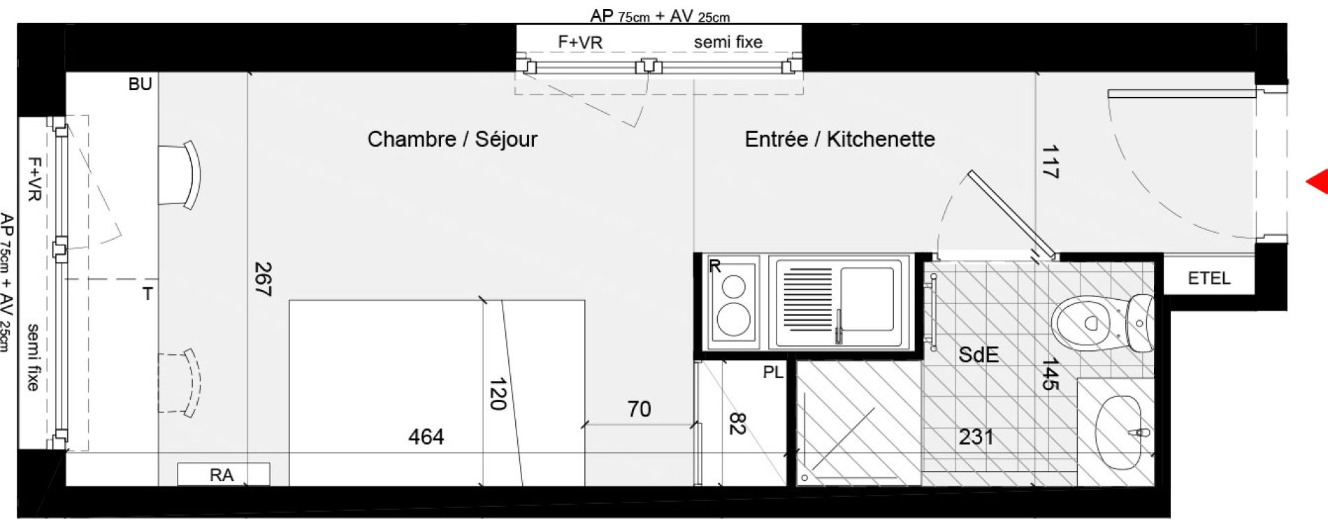 Appartement T1 meubl&eacute; de 19,18 m2 &agrave; Cr&eacute;teil L &eacute;chat