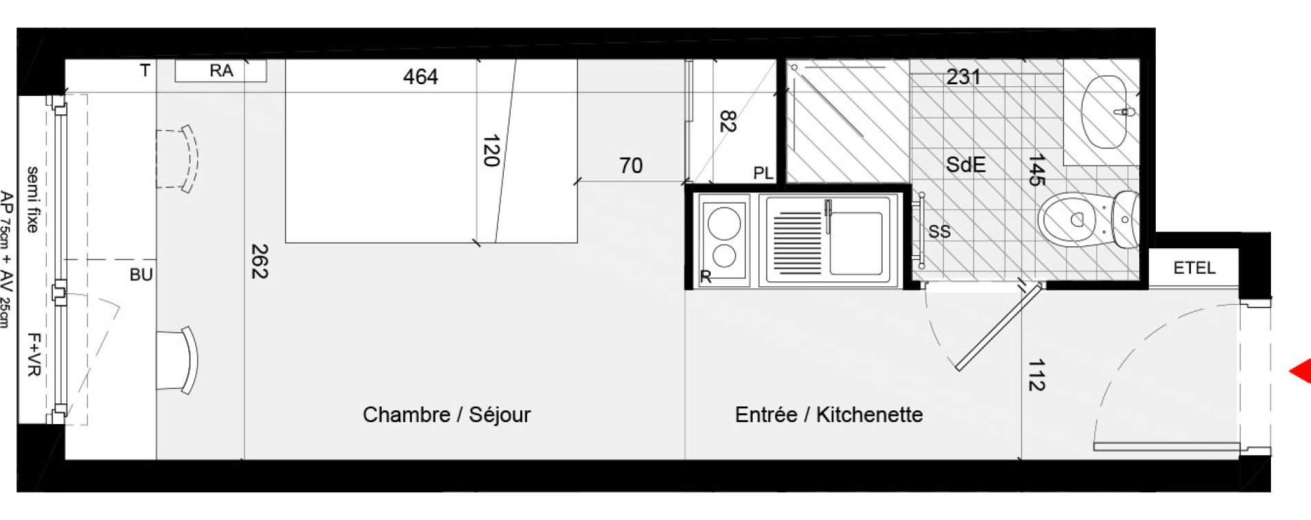 Appartement T1 meubl&eacute; de 18,80 m2 &agrave; Cr&eacute;teil L &eacute;chat