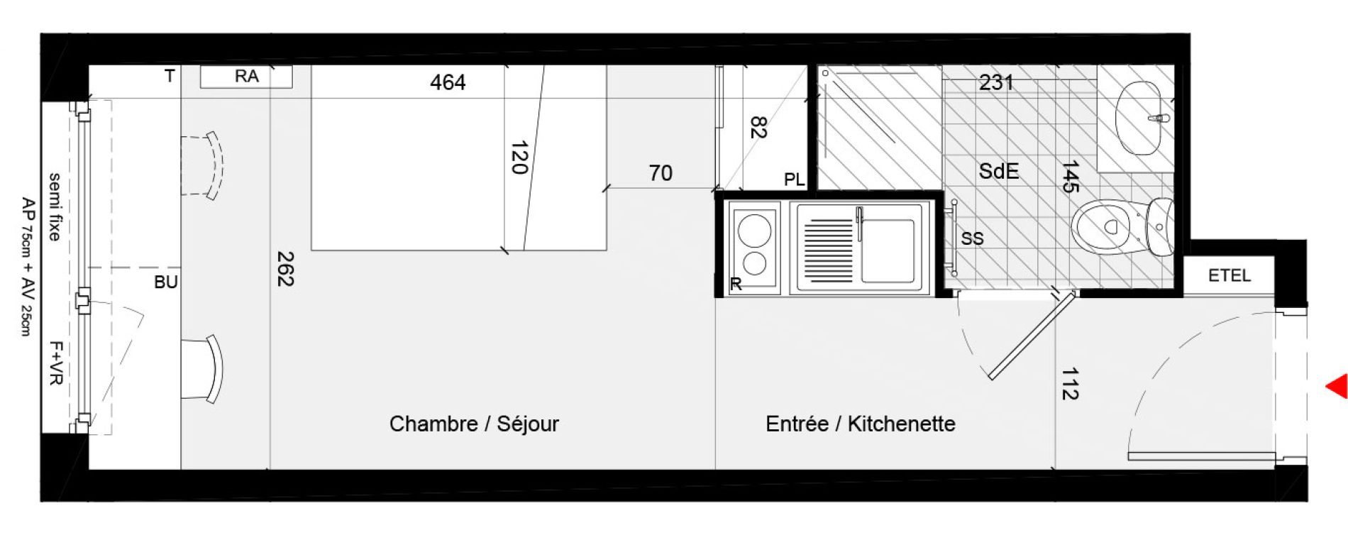 Appartement T1 meubl&eacute; de 18,80 m2 &agrave; Cr&eacute;teil L &eacute;chat