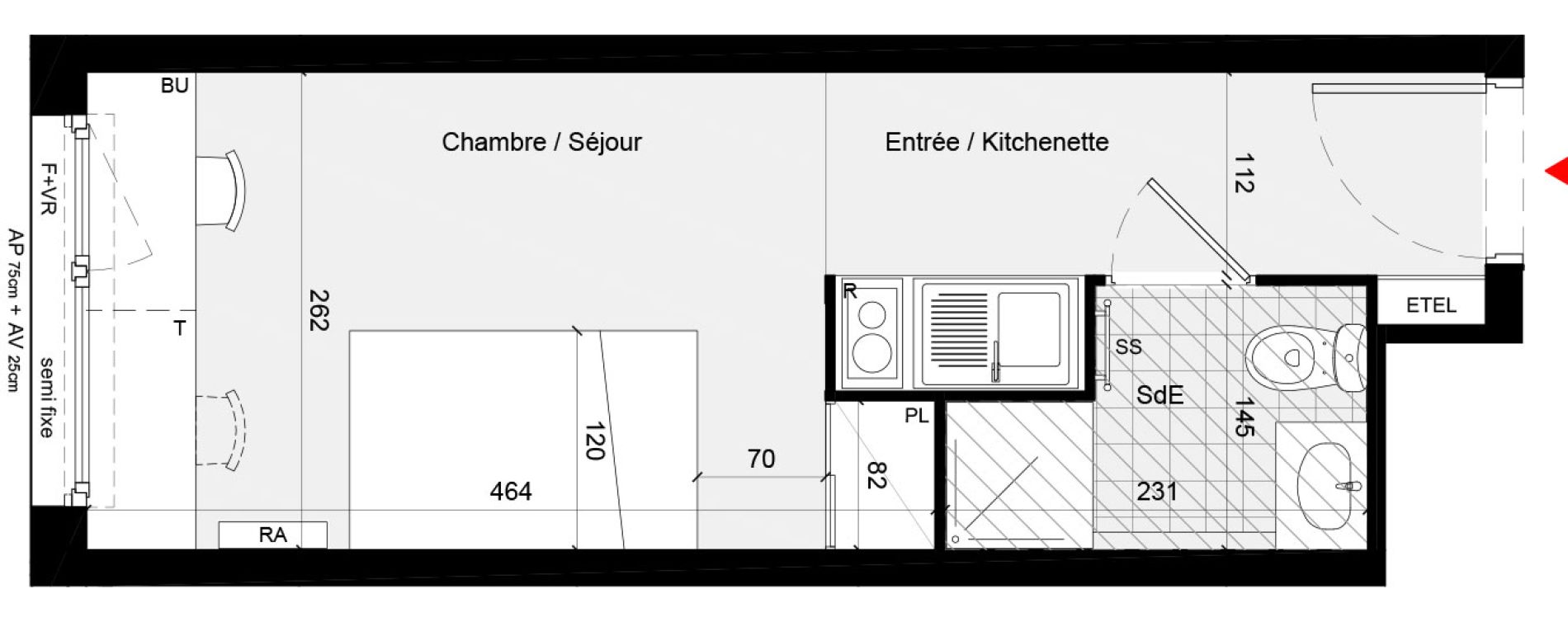 Appartement T1 meubl&eacute; de 18,80 m2 &agrave; Cr&eacute;teil L &eacute;chat