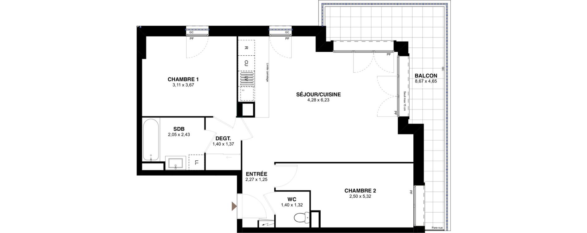 Appartement T3 de 63,34 m2 &agrave; L'Ha&yuml;-Les-Roses Lallier