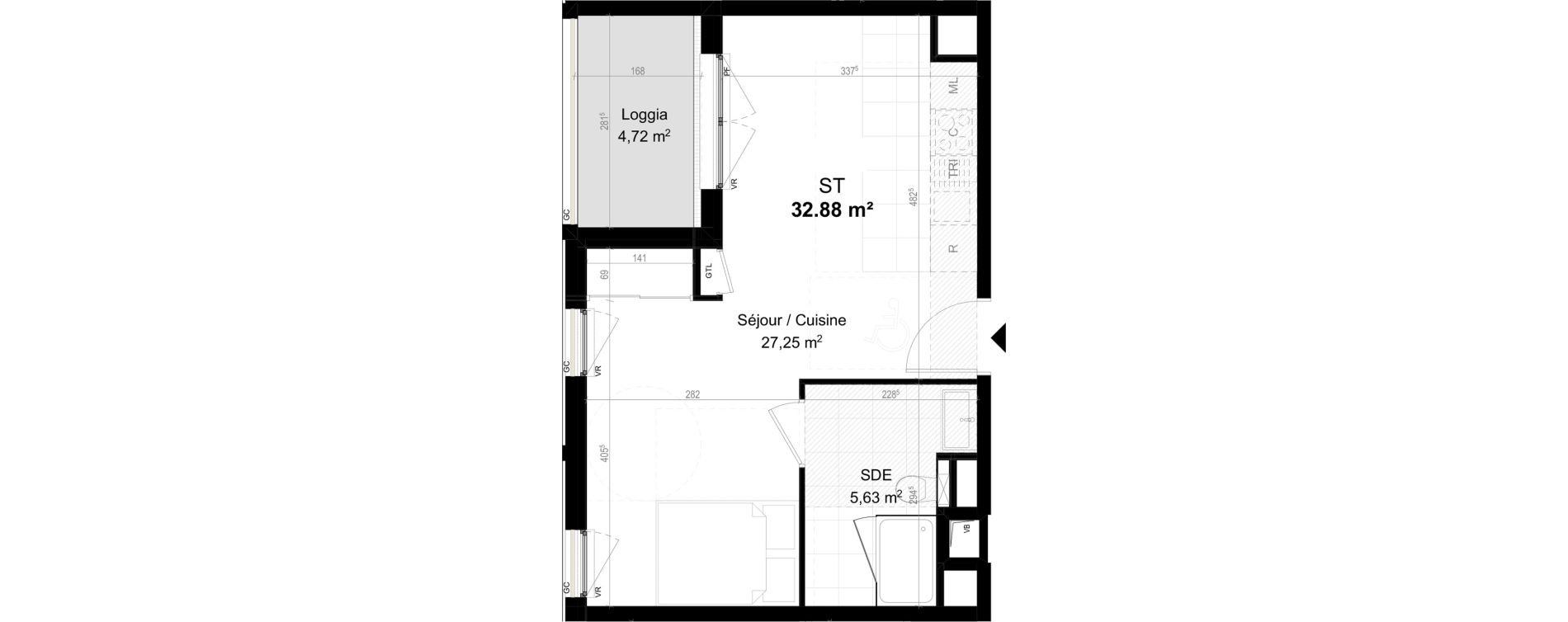 Appartement T1 de 32,88 m2 &agrave; Orly Carri&egrave;res - sentiers