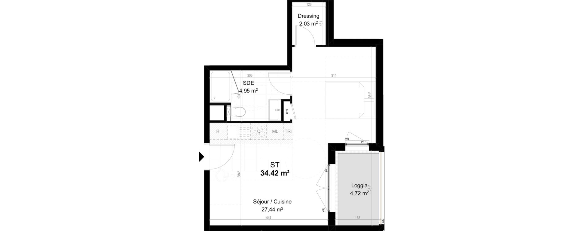 Appartement T1 de 34,42 m2 &agrave; Orly Carri&egrave;res - sentiers