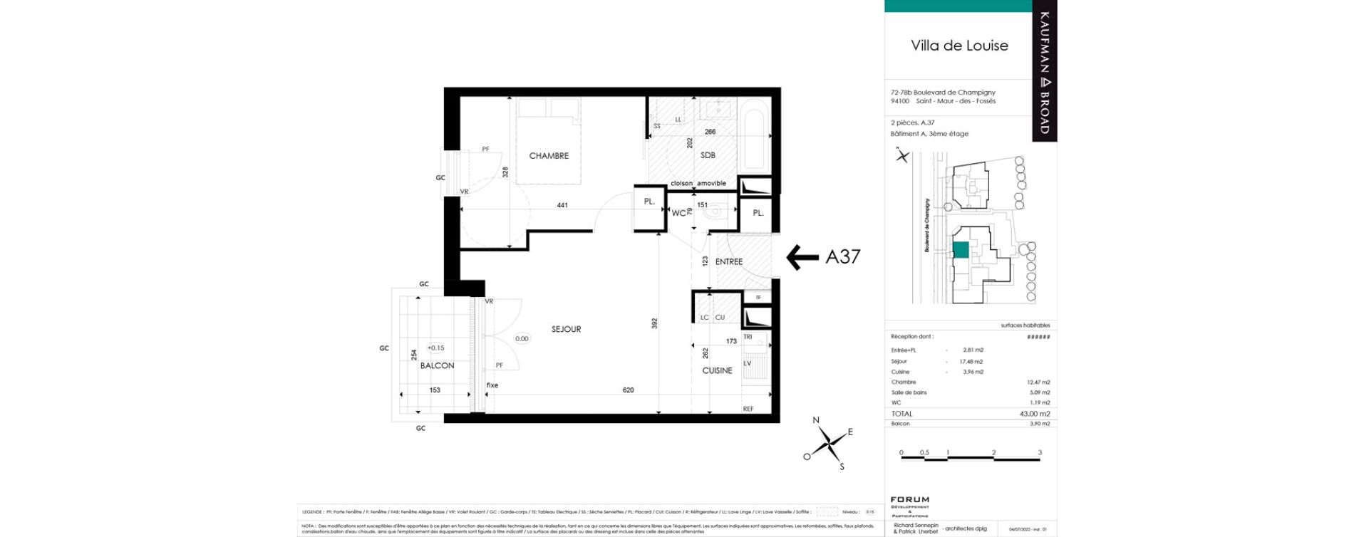 Appartement T2 de 42,84 m2 &agrave; Saint-Maur-Des-Foss&eacute;s Champignol