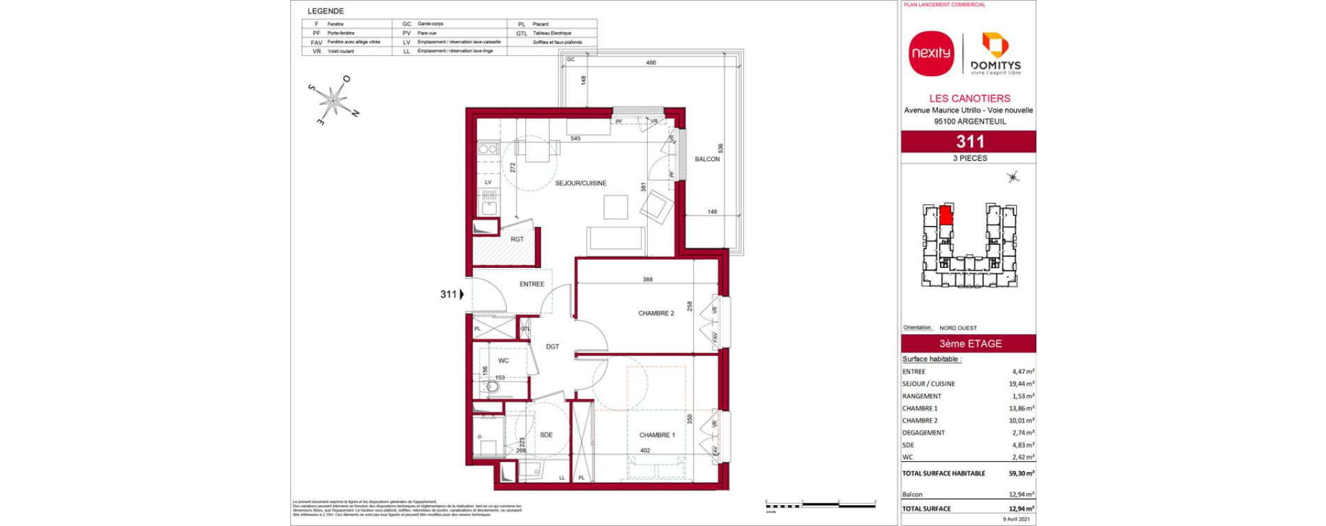 Appartement T3 meubl&eacute; de 59,30 m2 &agrave; Argenteuil Poirier fourrier