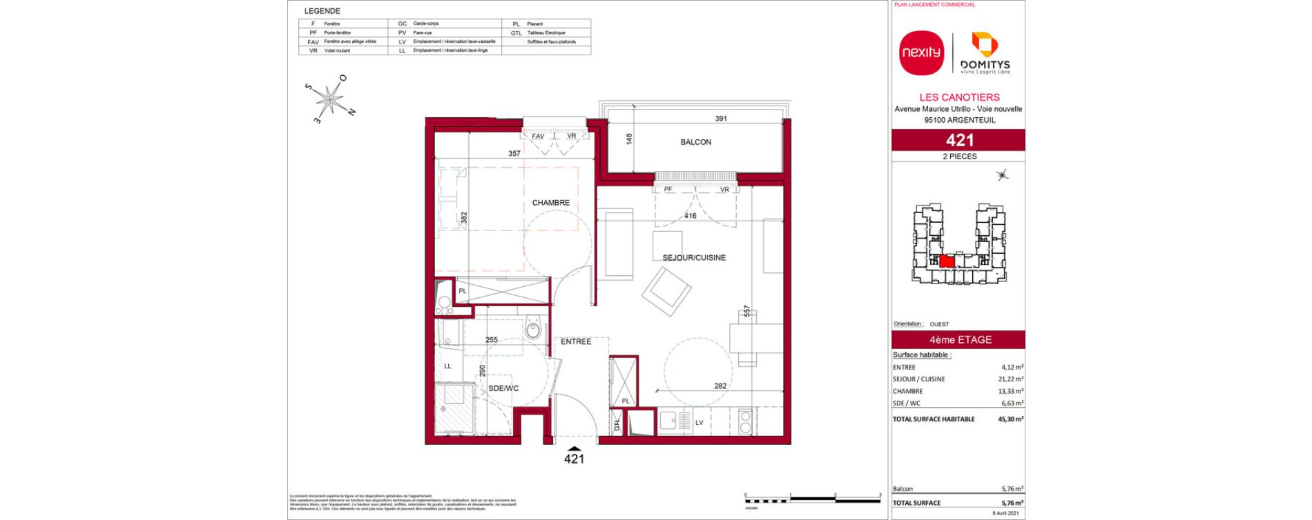 Appartement T2 meubl&eacute; de 45,30 m2 &agrave; Argenteuil Poirier fourrier