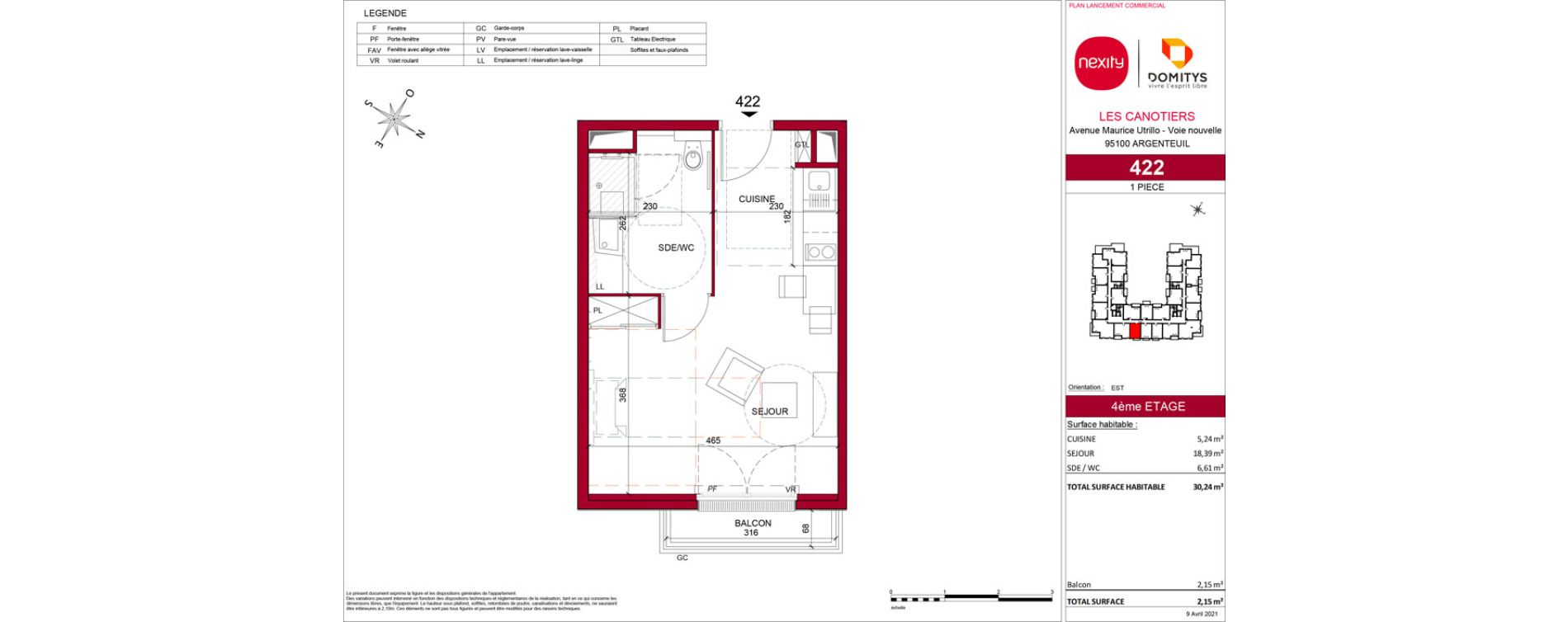 Appartement T1 meubl&eacute; de 30,24 m2 &agrave; Argenteuil Poirier fourrier