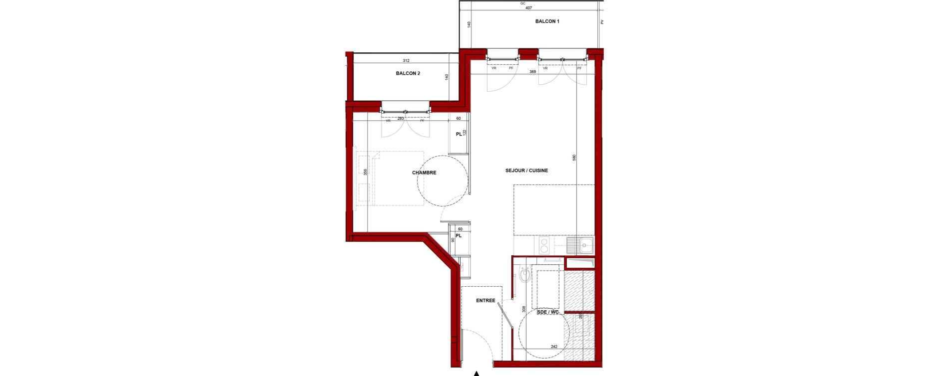 Appartement T2 meubl&eacute; de 45,52 m2 &agrave; Bouff&eacute;mont Centre