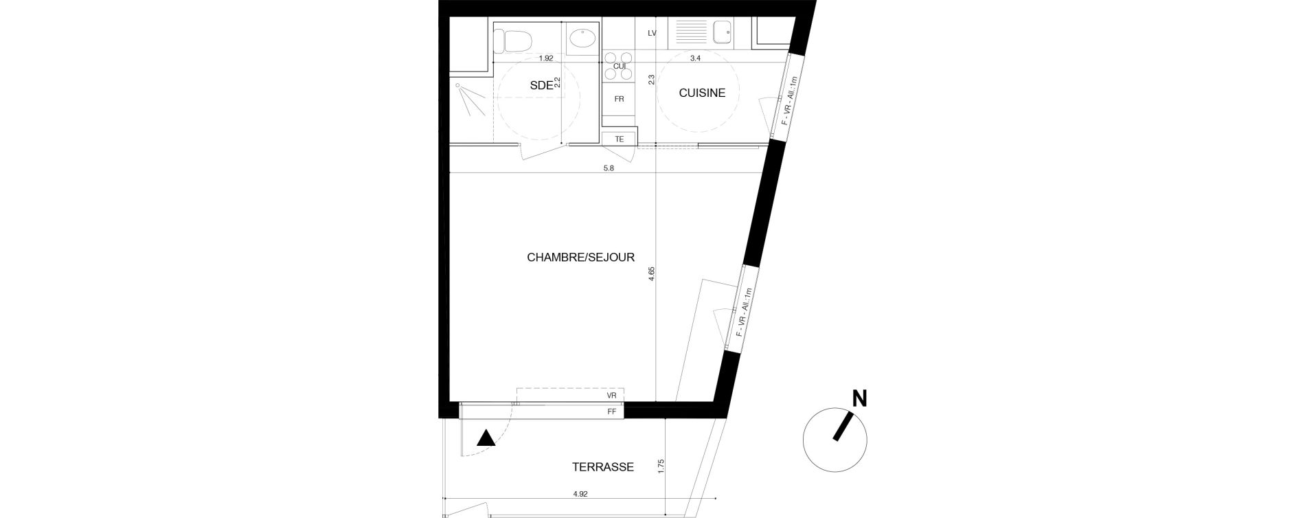 Appartement T1 de 36,60 m2 &agrave; Cergy Les doux &eacute;pis