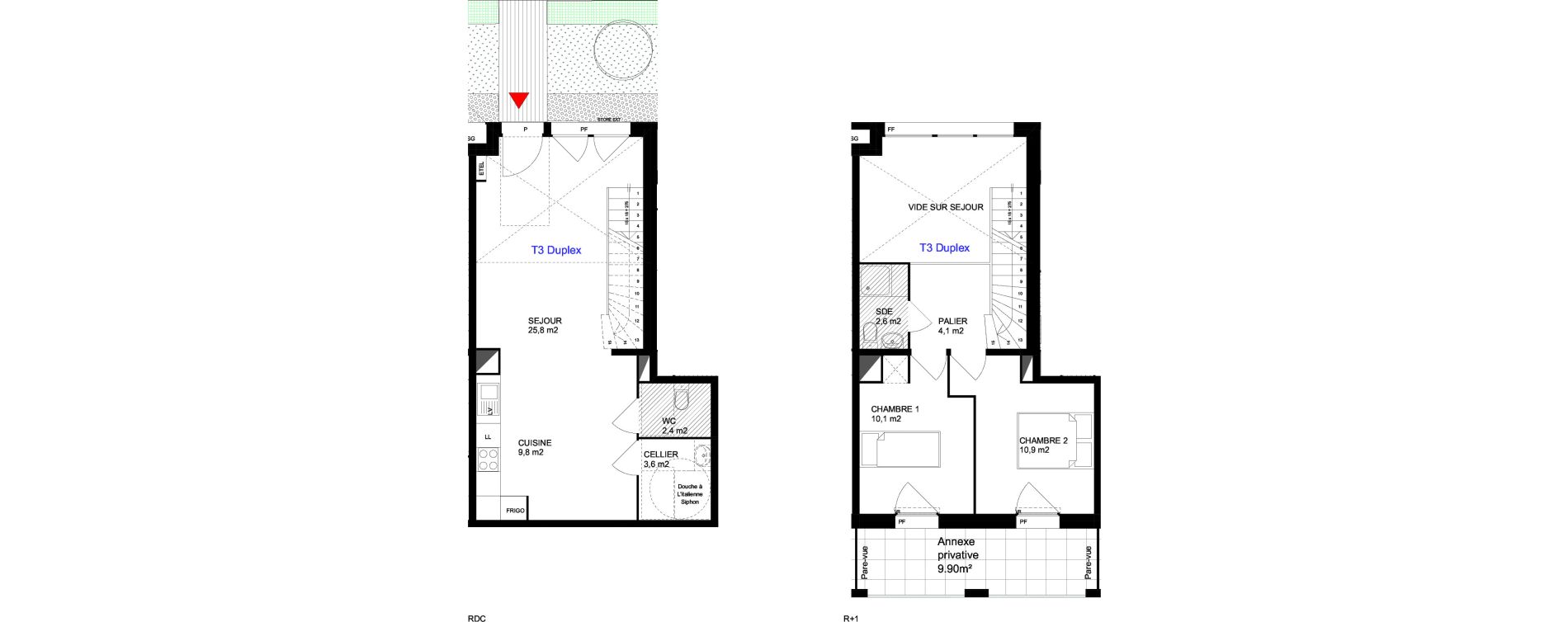 Duplex T3 de 69,30 m2 &agrave; Cergy Les doux &eacute;pis