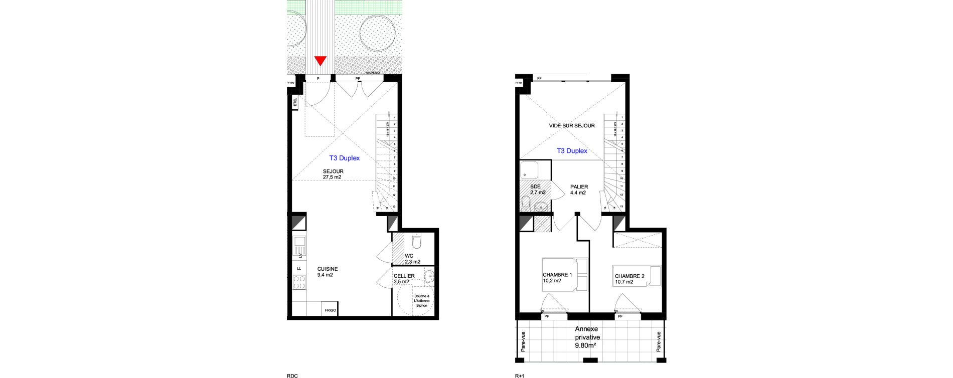 Duplex T3 de 70,70 m2 &agrave; Cergy Les doux &eacute;pis
