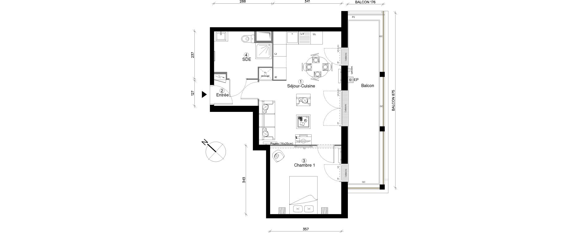 Appartement T2 de 42,99 m2 &agrave; Cergy Coteaux