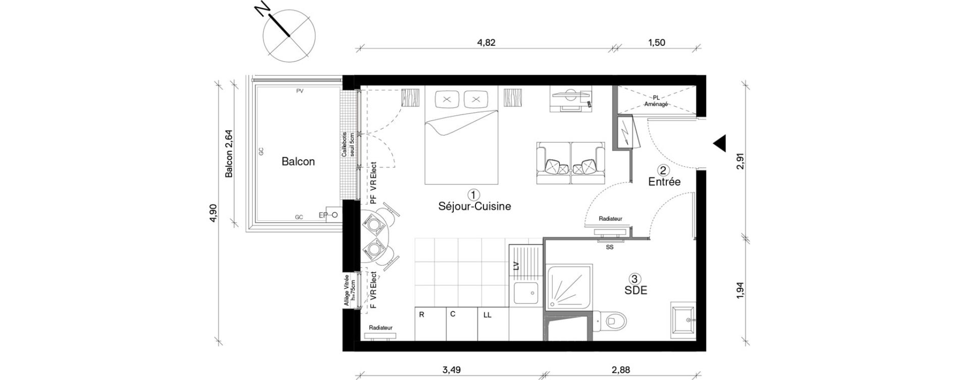 Appartement T1 de 30,33 m2 &agrave; Cergy Coteaux