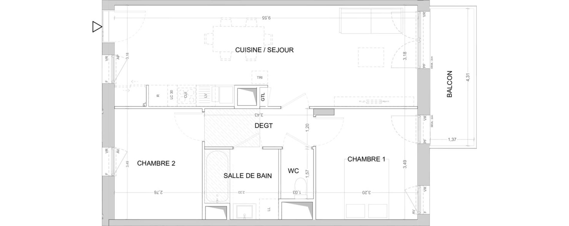 Appartement T3 de 60,70 m2 &agrave; Cergy Les doux &eacute;pis