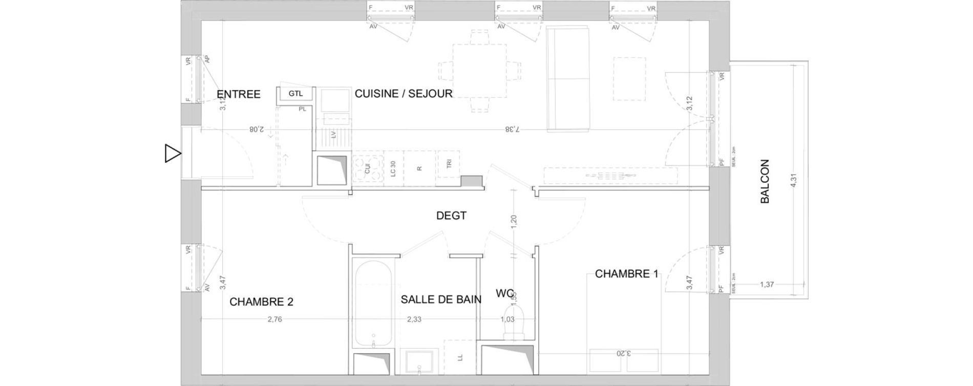 Appartement T3 de 59,96 m2 &agrave; Cergy Les doux &eacute;pis