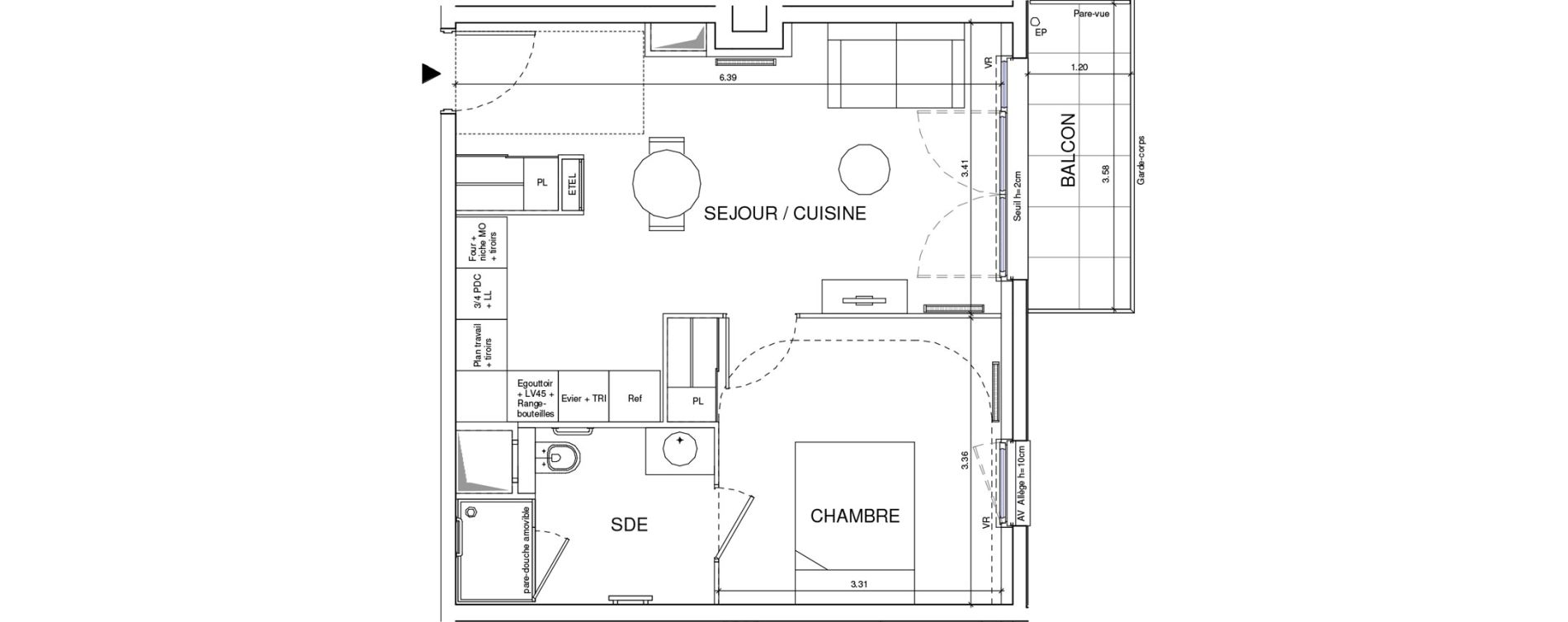 Appartement T2 meubl&eacute; de 41,26 m2 &agrave; &Eacute;ragny Le village - les pr&eacute;s