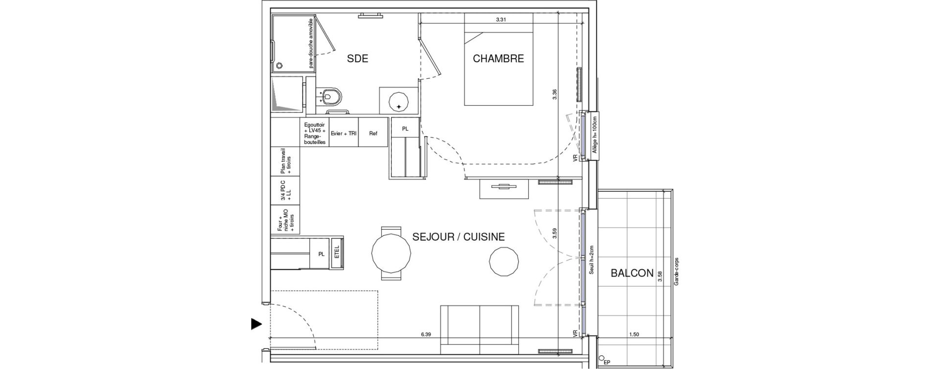 Appartement T2 meubl&eacute; de 43,10 m2 &agrave; &Eacute;ragny Le village - les pr&eacute;s