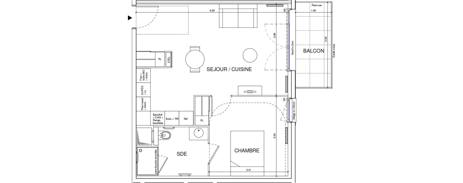Appartement T2 meubl&eacute; de 44,81 m2 &agrave; &Eacute;ragny Le village - les pr&eacute;s