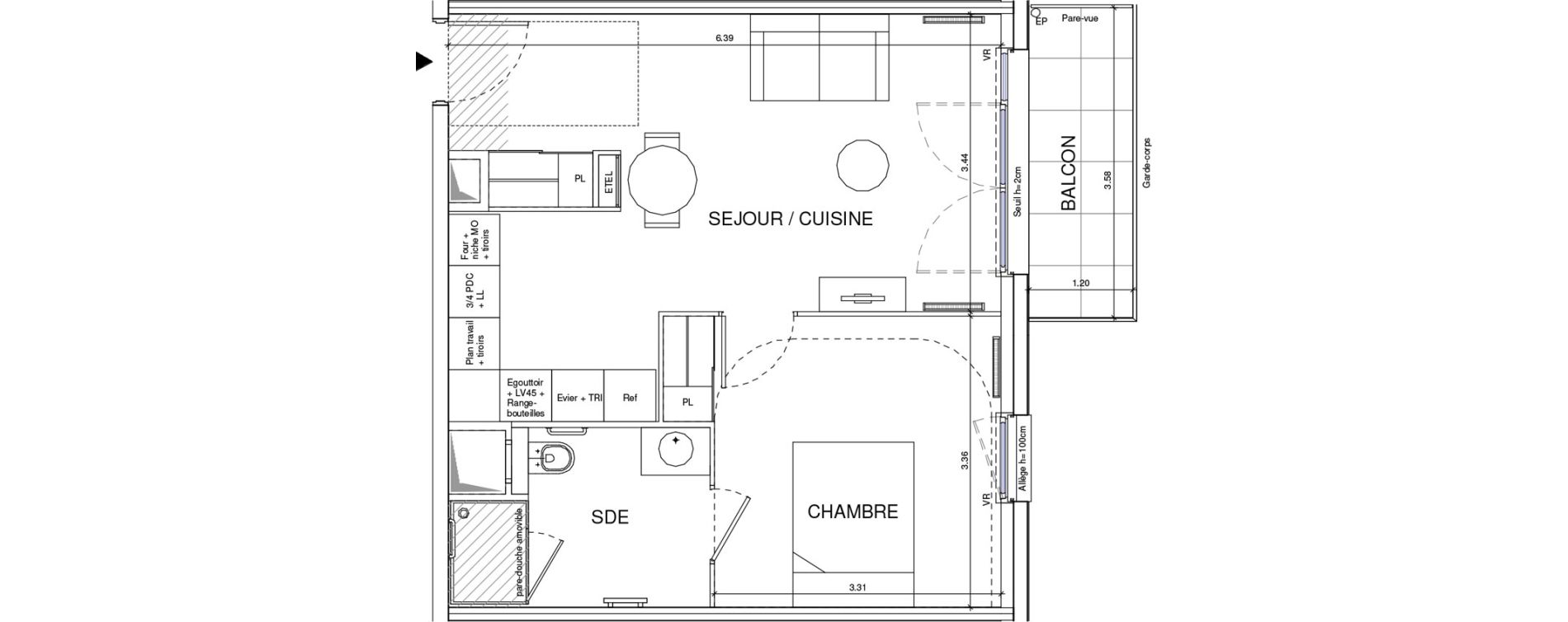 Appartement T2 meubl&eacute; de 41,77 m2 &agrave; &Eacute;ragny Le village - les pr&eacute;s