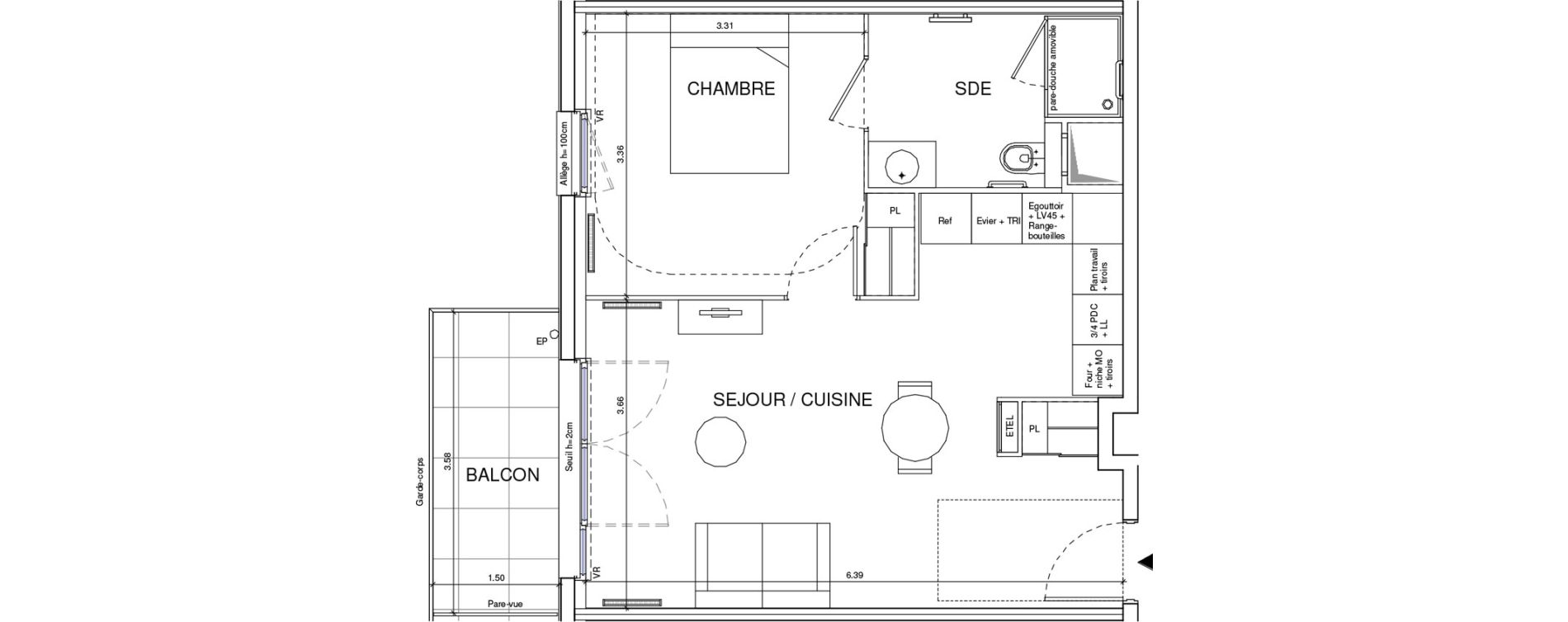 Appartement T2 meubl&eacute; de 43,30 m2 &agrave; &Eacute;ragny Le village - les pr&eacute;s