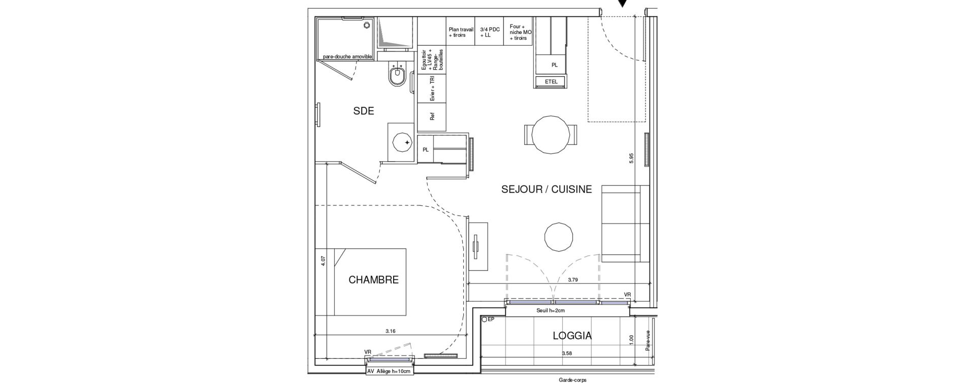 Appartement T2 meubl&eacute; de 44,29 m2 &agrave; &Eacute;ragny Le village - les pr&eacute;s
