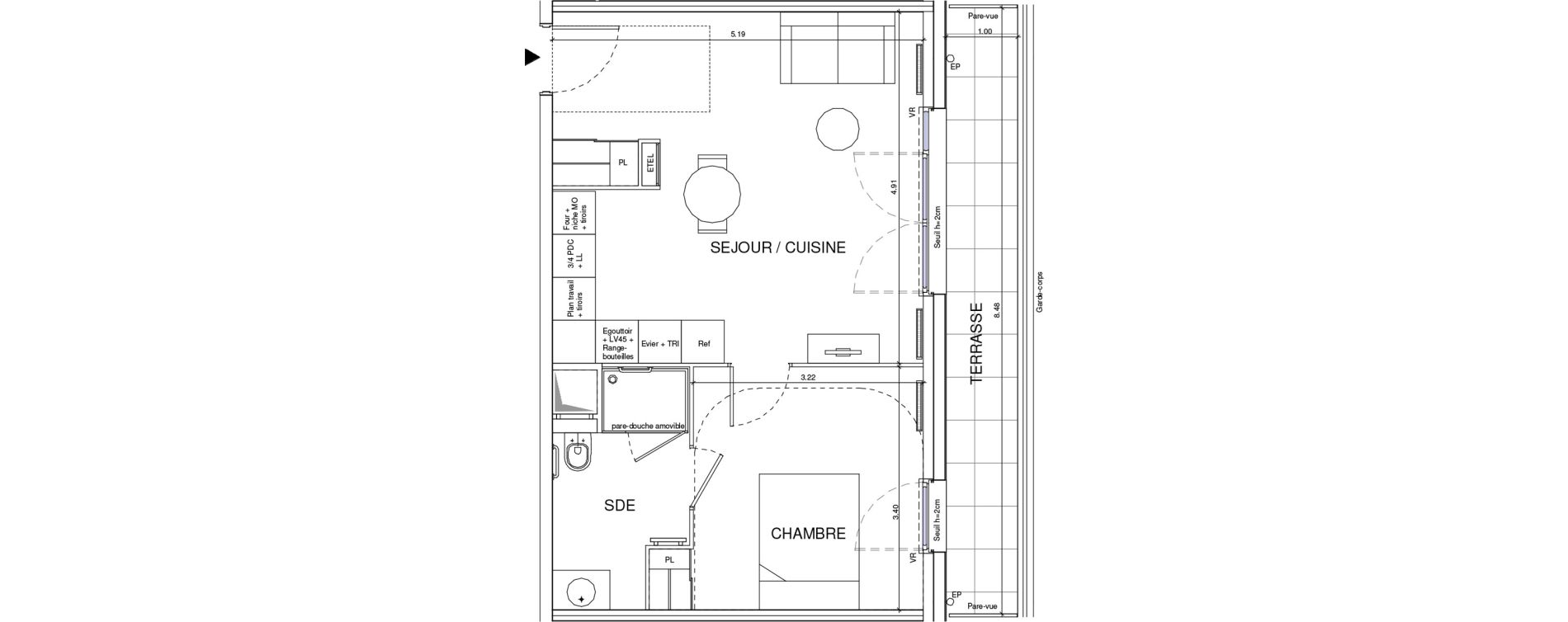 Appartement T2 meubl&eacute; de 42,02 m2 &agrave; &Eacute;ragny Le village - les pr&eacute;s
