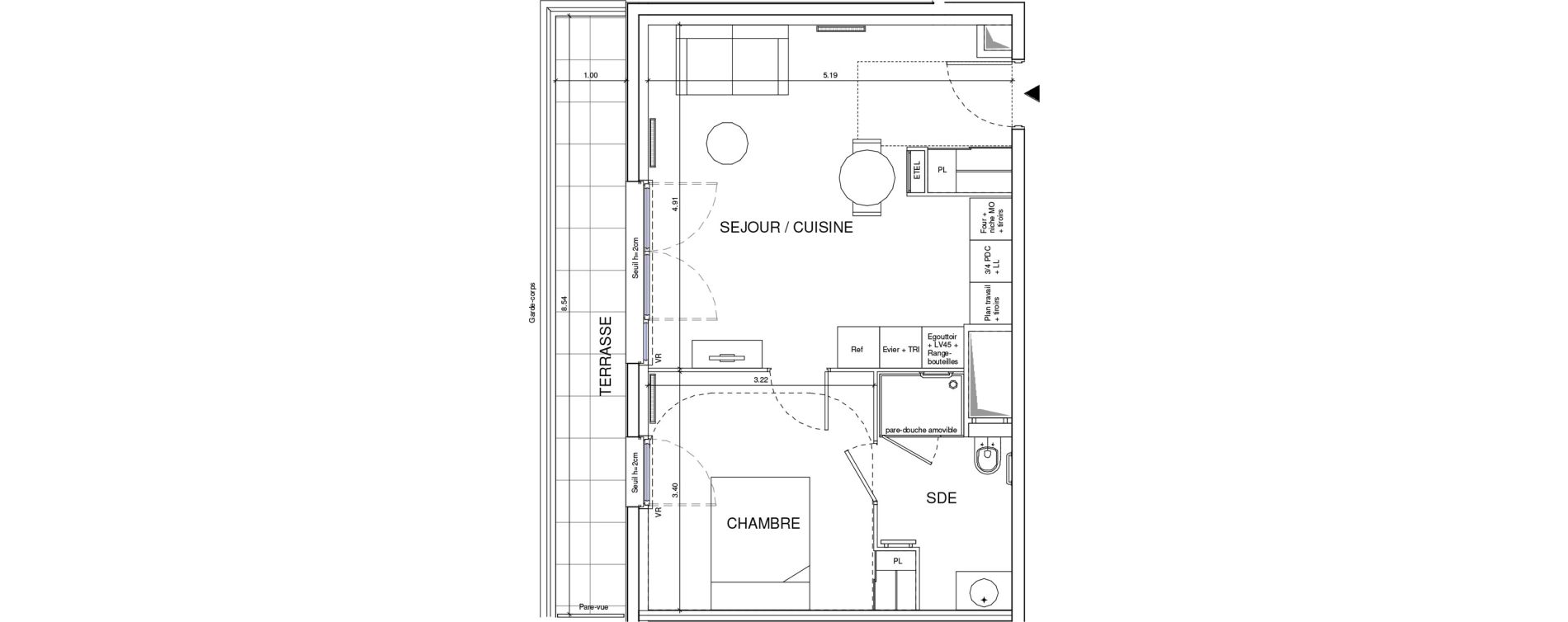 Appartement T2 meubl&eacute; de 41,35 m2 &agrave; &Eacute;ragny Le village - les pr&eacute;s