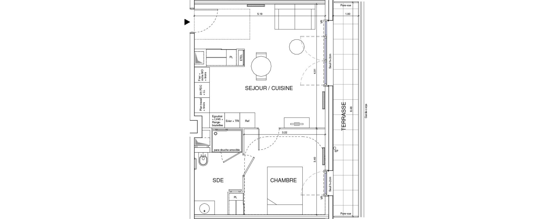 Appartement T2 meubl&eacute; de 41,53 m2 &agrave; &Eacute;ragny Le village - les pr&eacute;s