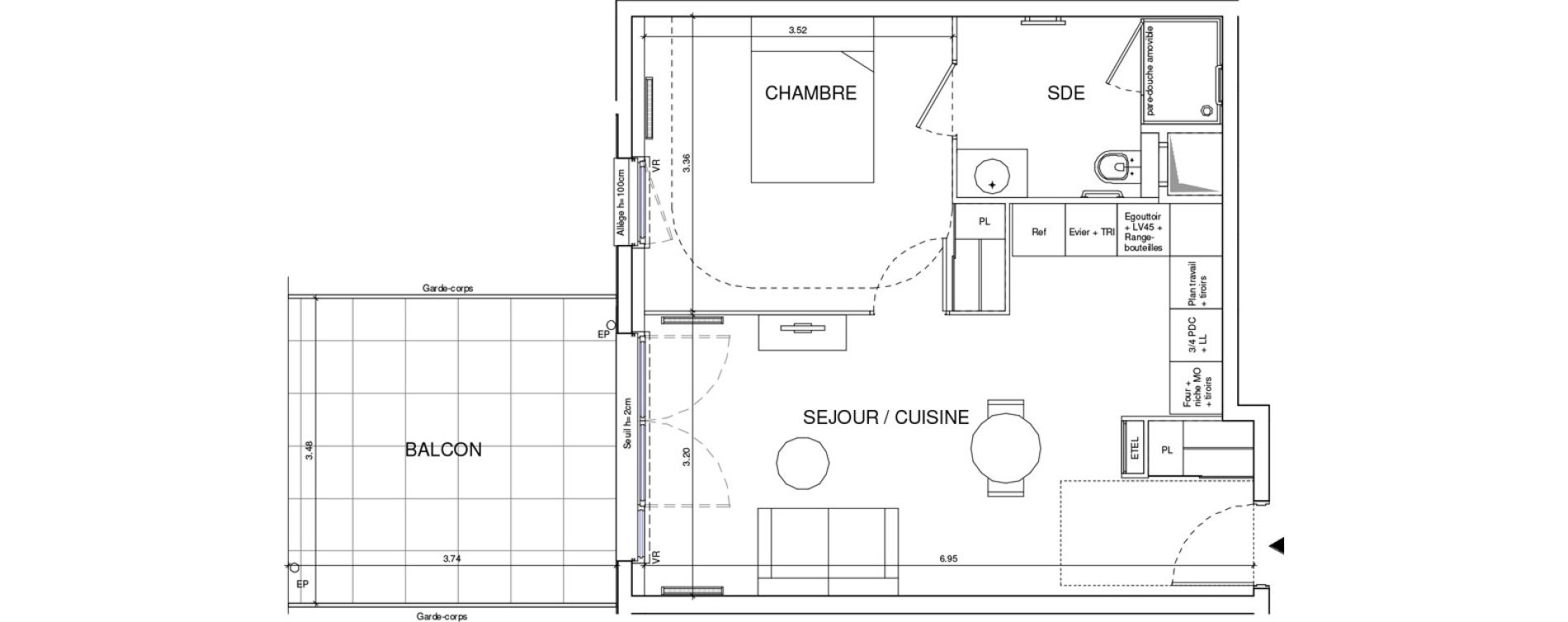 Appartement T2 meubl&eacute; de 42,73 m2 &agrave; &Eacute;ragny Le village - les pr&eacute;s