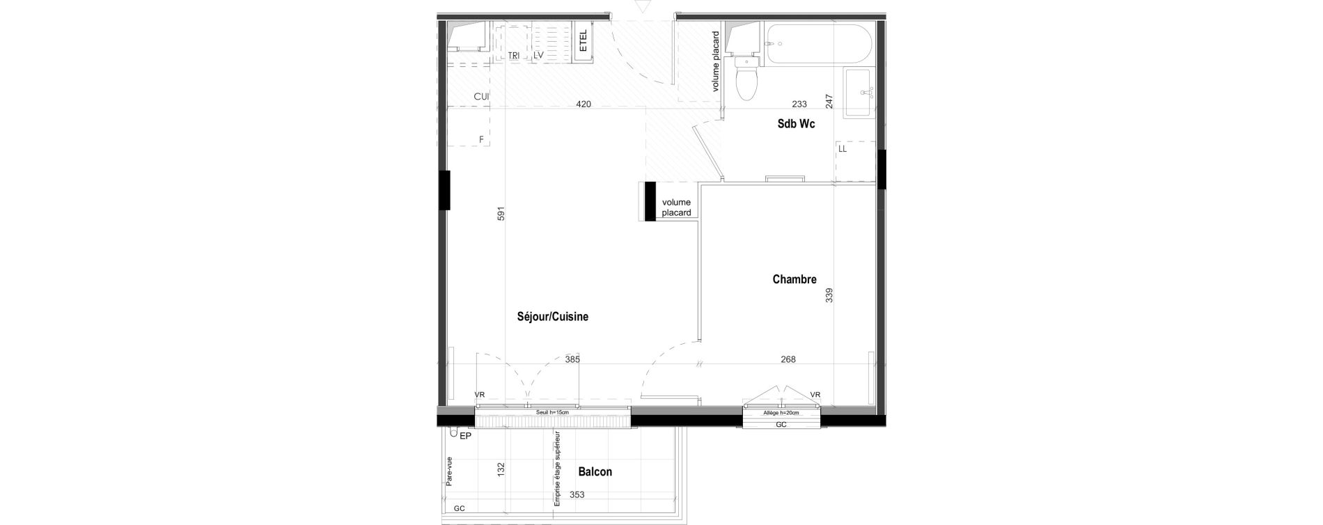 Appartement T2 de 37,40 m2 &agrave; Goussainville Demoiselles - grand pr&eacute; - gare