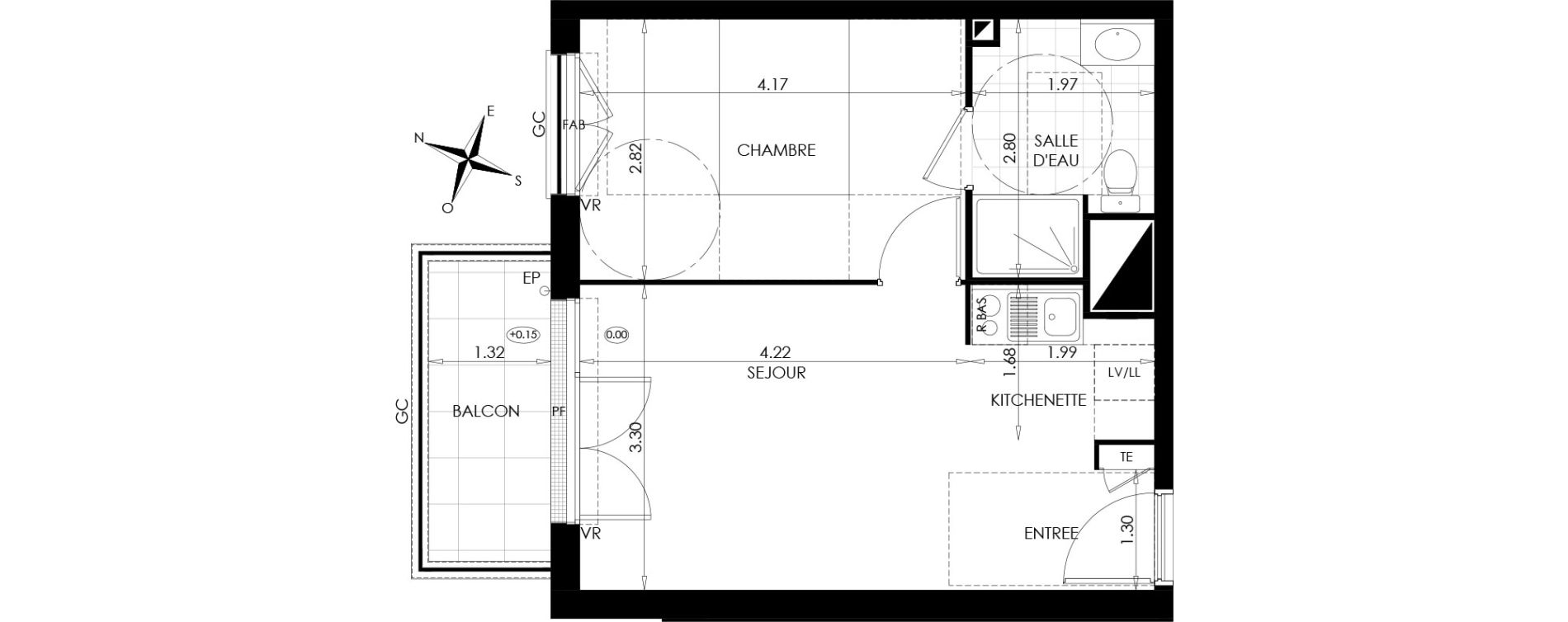 Appartement T2 de 36,61 m2 au Plessis-Bouchard Centre