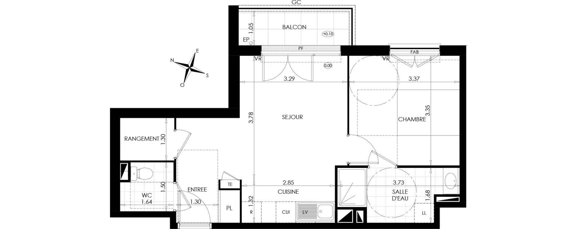 Appartement T2 de 42,92 m2 au Plessis-Bouchard Centre