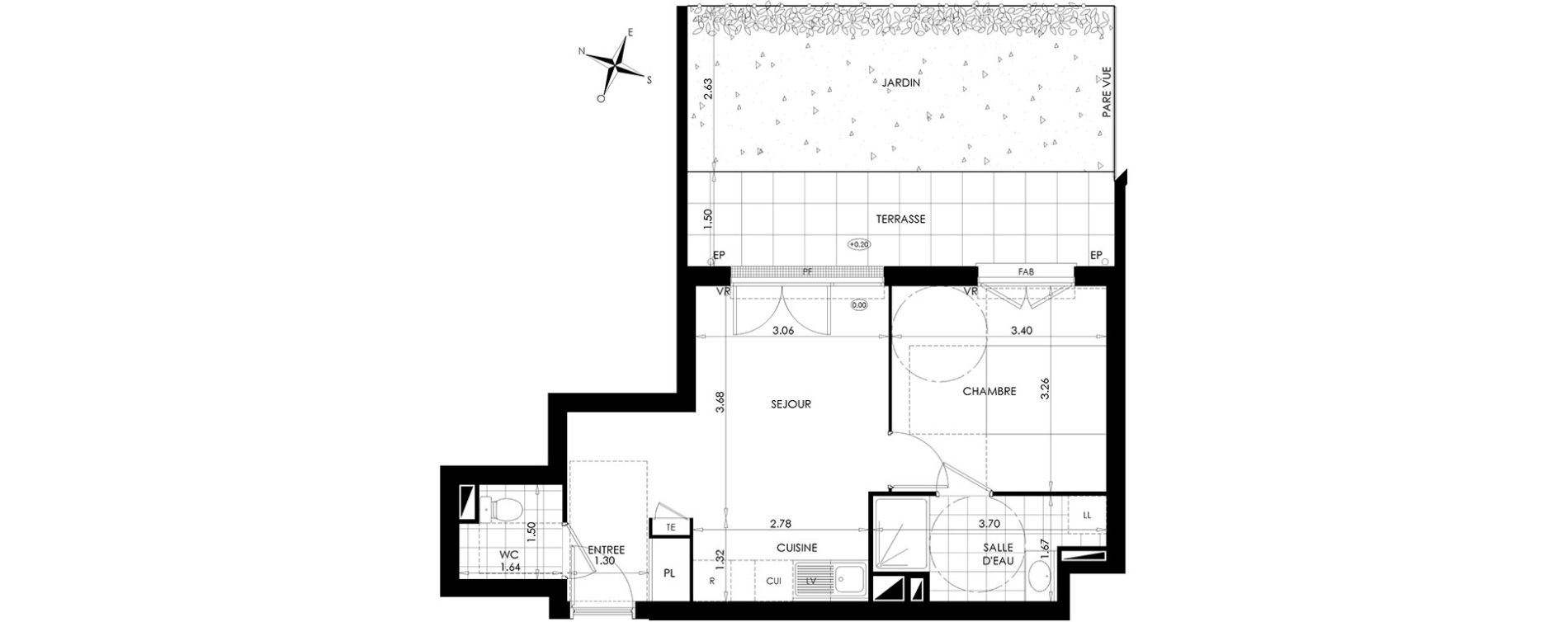 Appartement T2 de 39,01 m2 au Plessis-Bouchard Centre
