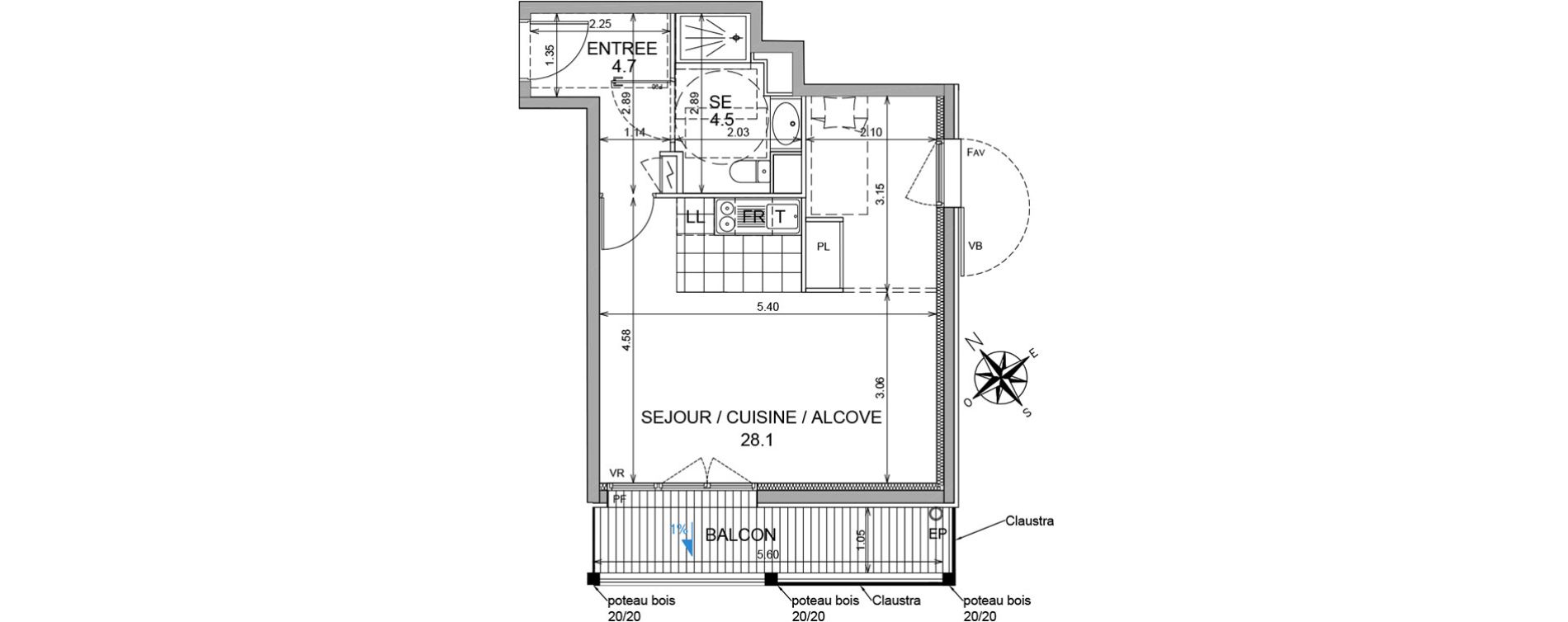 Appartement T1 de 37,30 m2 &agrave; L'Isle-Adam Centre
