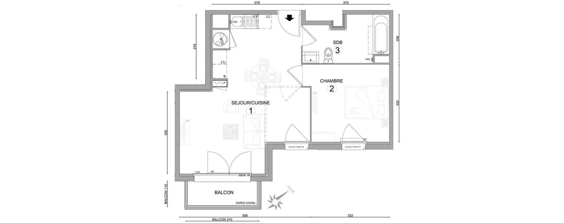 Appartement T2 de 46,35 m2 &agrave; Osny Centre