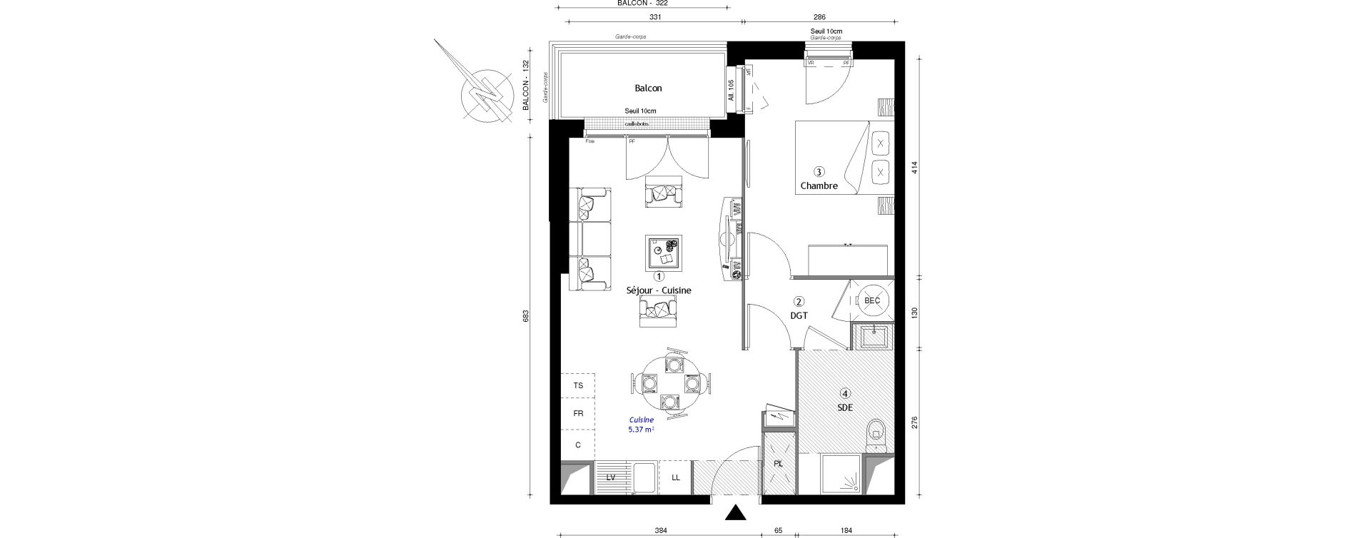 Appartement T2 de 45,53 m2 &agrave; Osny Centre