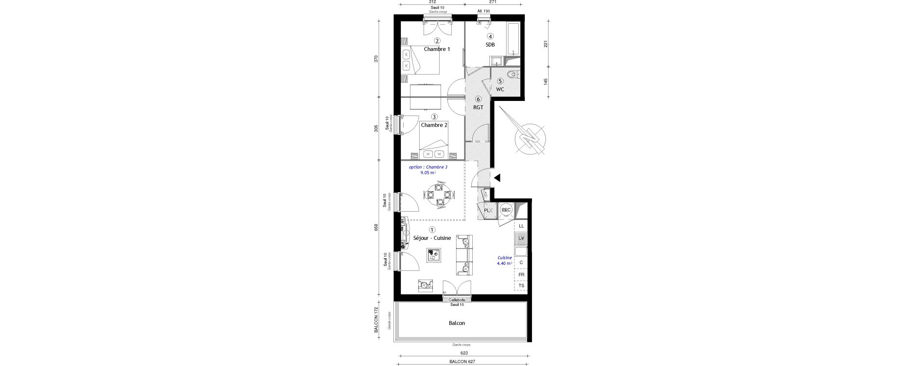 Appartement T3 bis de 70,64 m2 &agrave; Osny Centre