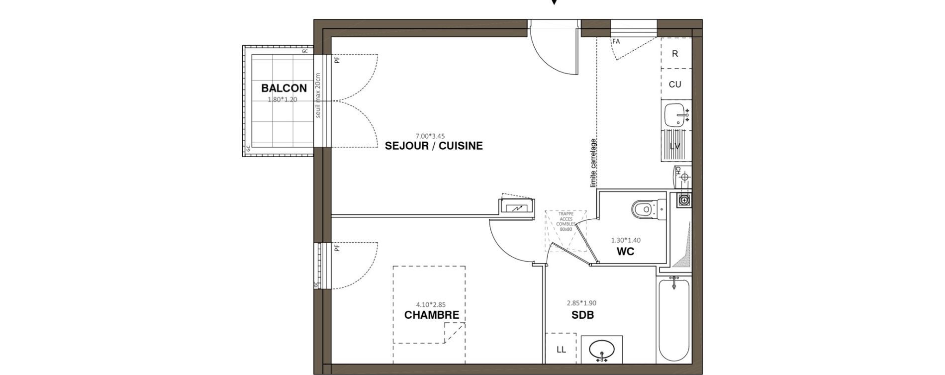 Appartement T2 de 42,75 m2 &agrave; Ach&egrave;res Le ch&ecirc;ne feuillu