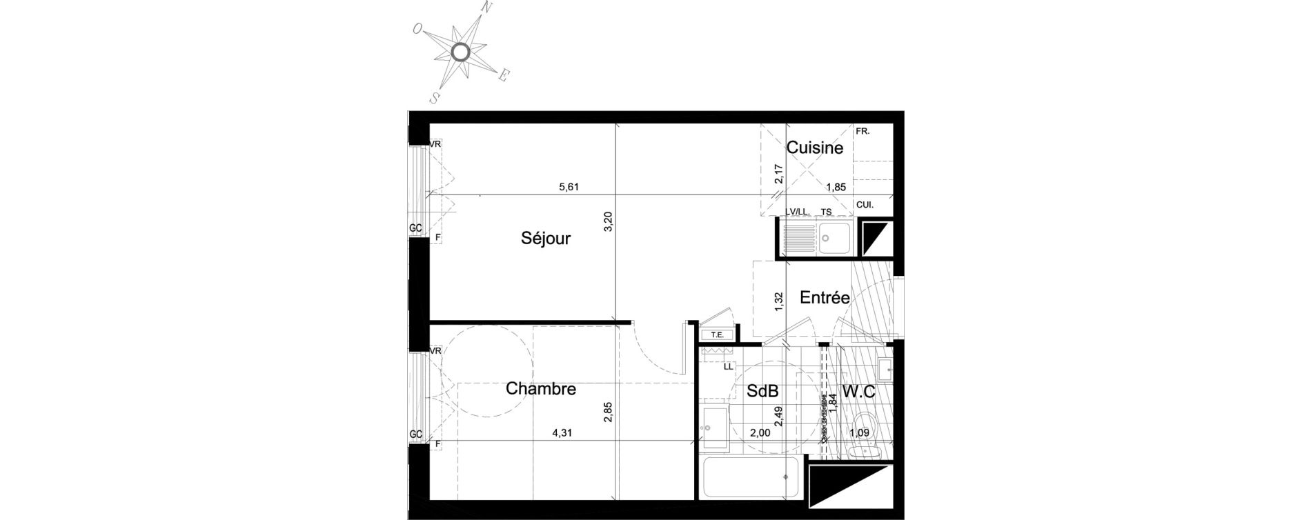 Appartement T2 de 43,50 m2 au Chesnay Centre