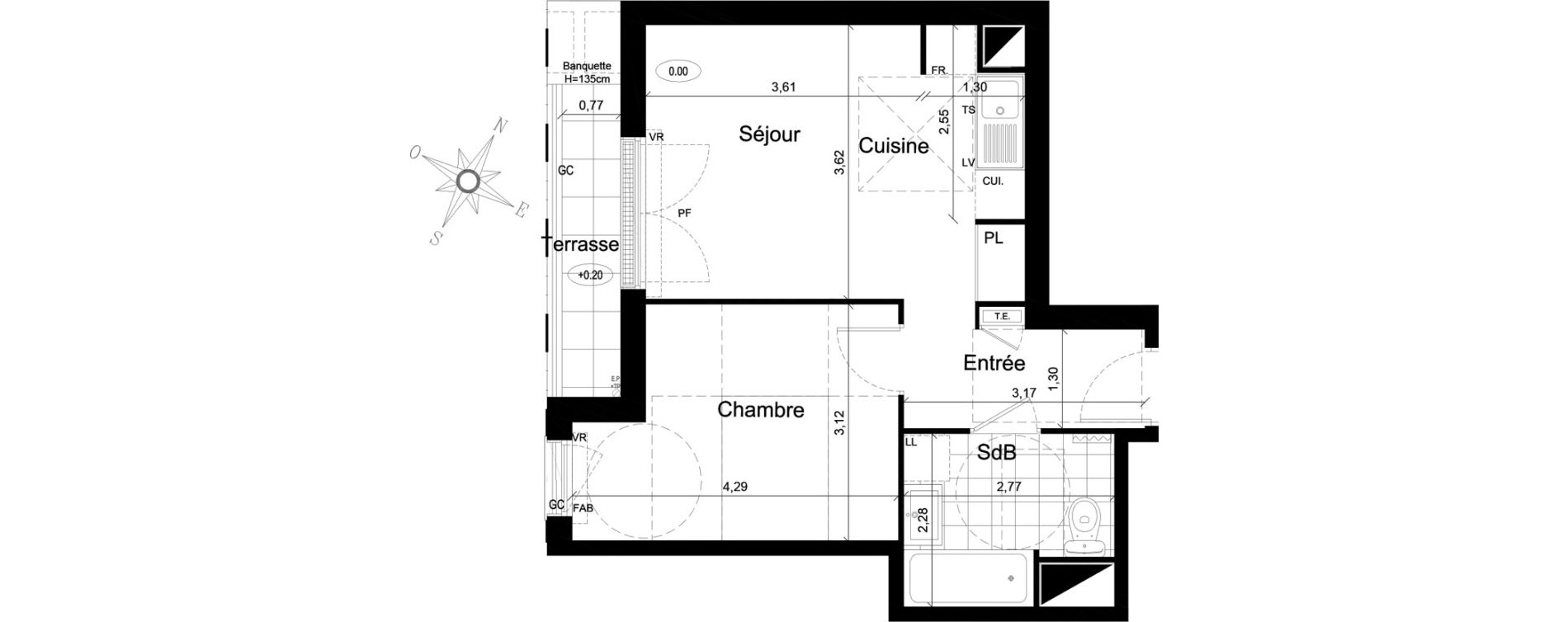 Appartement T2 de 39,36 m2 au Chesnay Centre