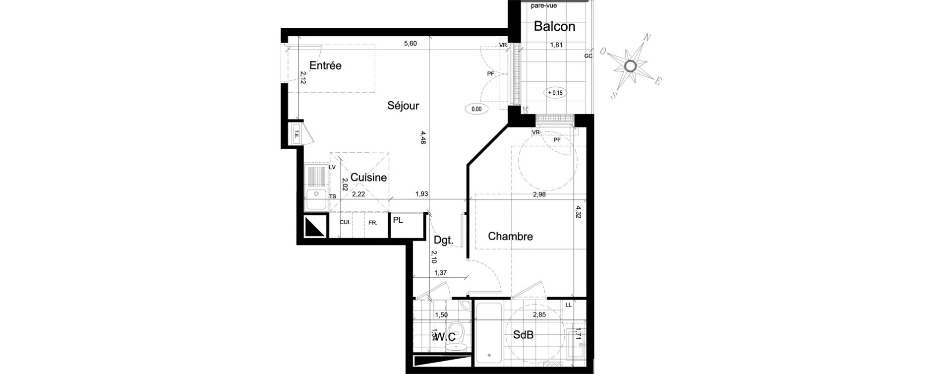 Appartement T2 de 45,78 m2 au Chesnay Centre