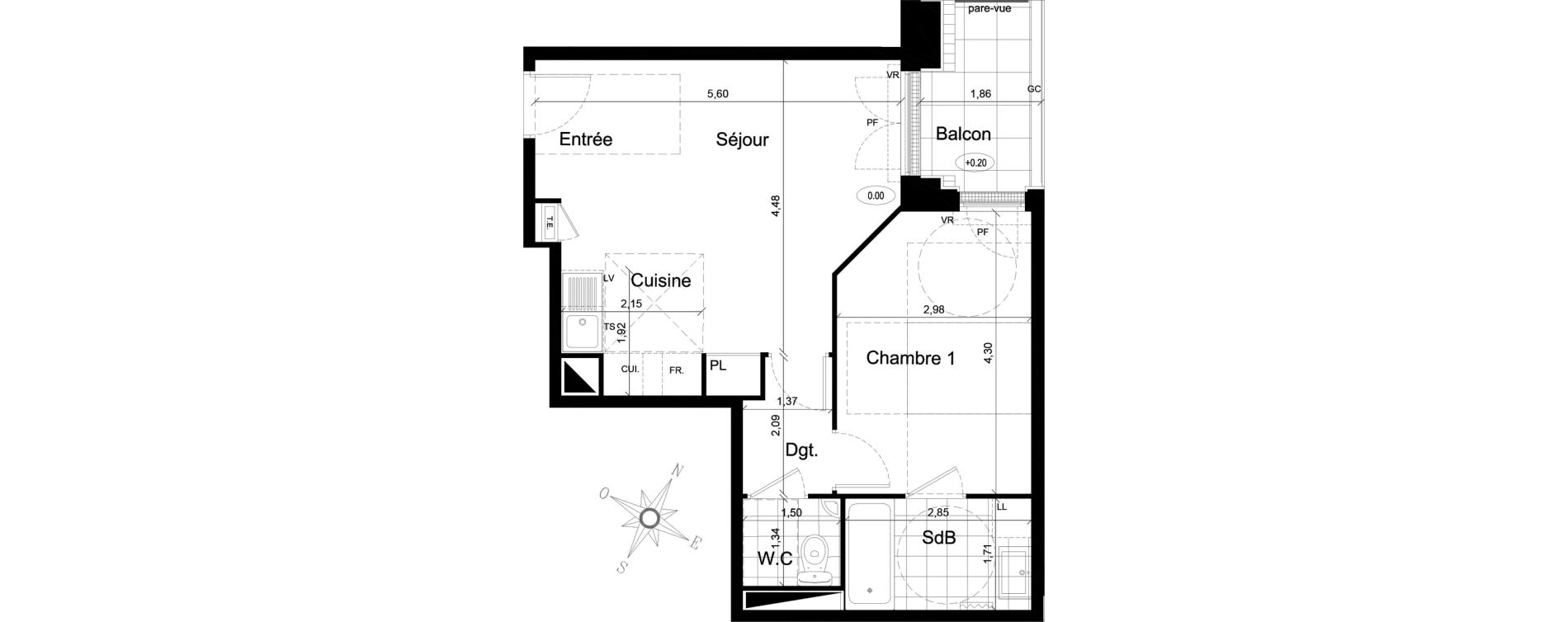 Appartement T2 de 45,78 m2 au Chesnay Centre
