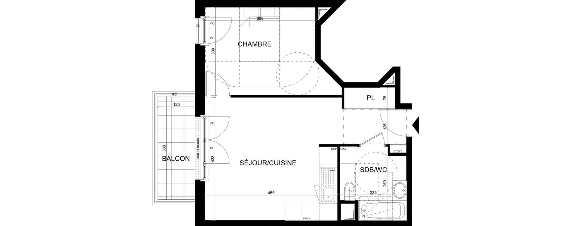 Appartement T2 de 42,67 m2 aux Clayes-Sous-Bois Centre