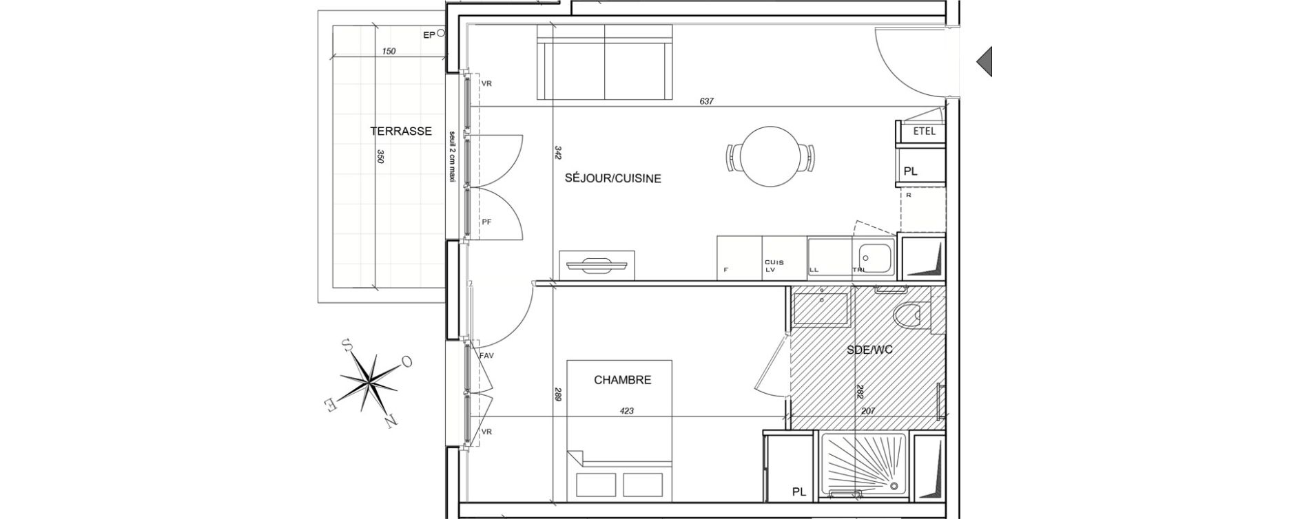 Appartement T2 meubl&eacute; de 38,67 m2 &agrave; Plaisir G&acirc;tines - la bataille