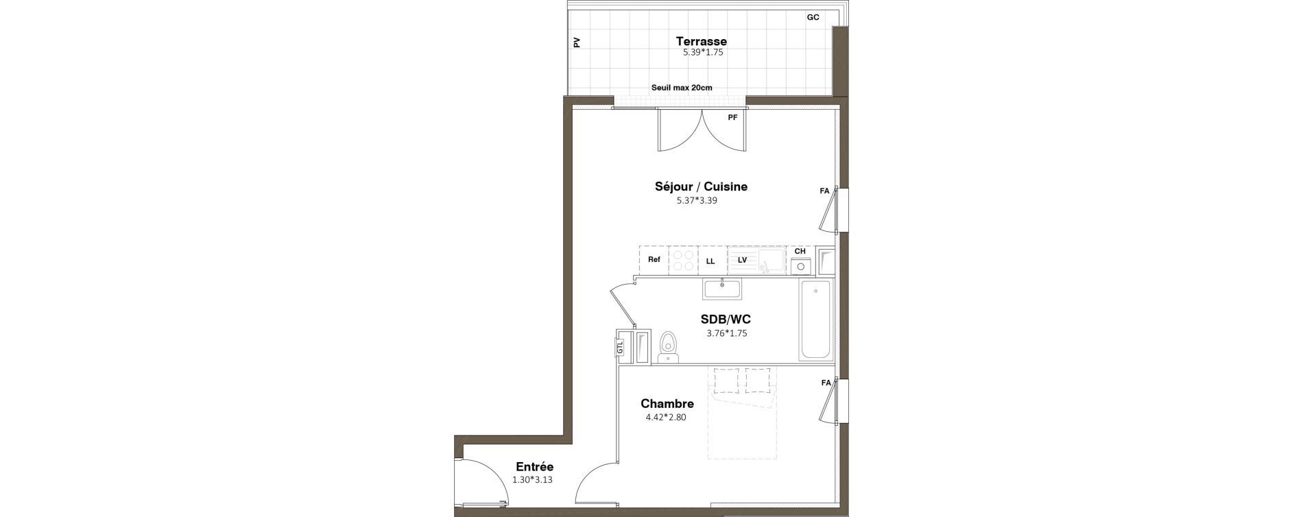 Appartement T2 de 44,99 m2 &agrave; Plaisir Centre