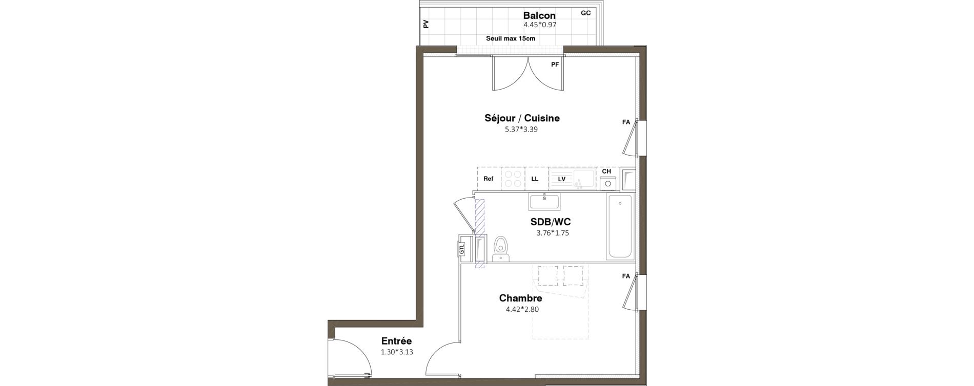 Appartement T2 de 44,99 m2 &agrave; Plaisir Centre