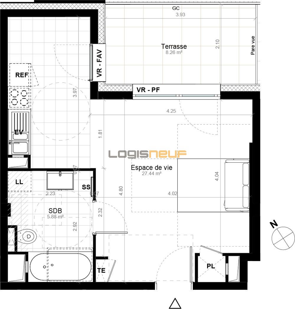 Studio de 33.32 m2 3ème étage NE Emblème SaintCyrl'École ref 113